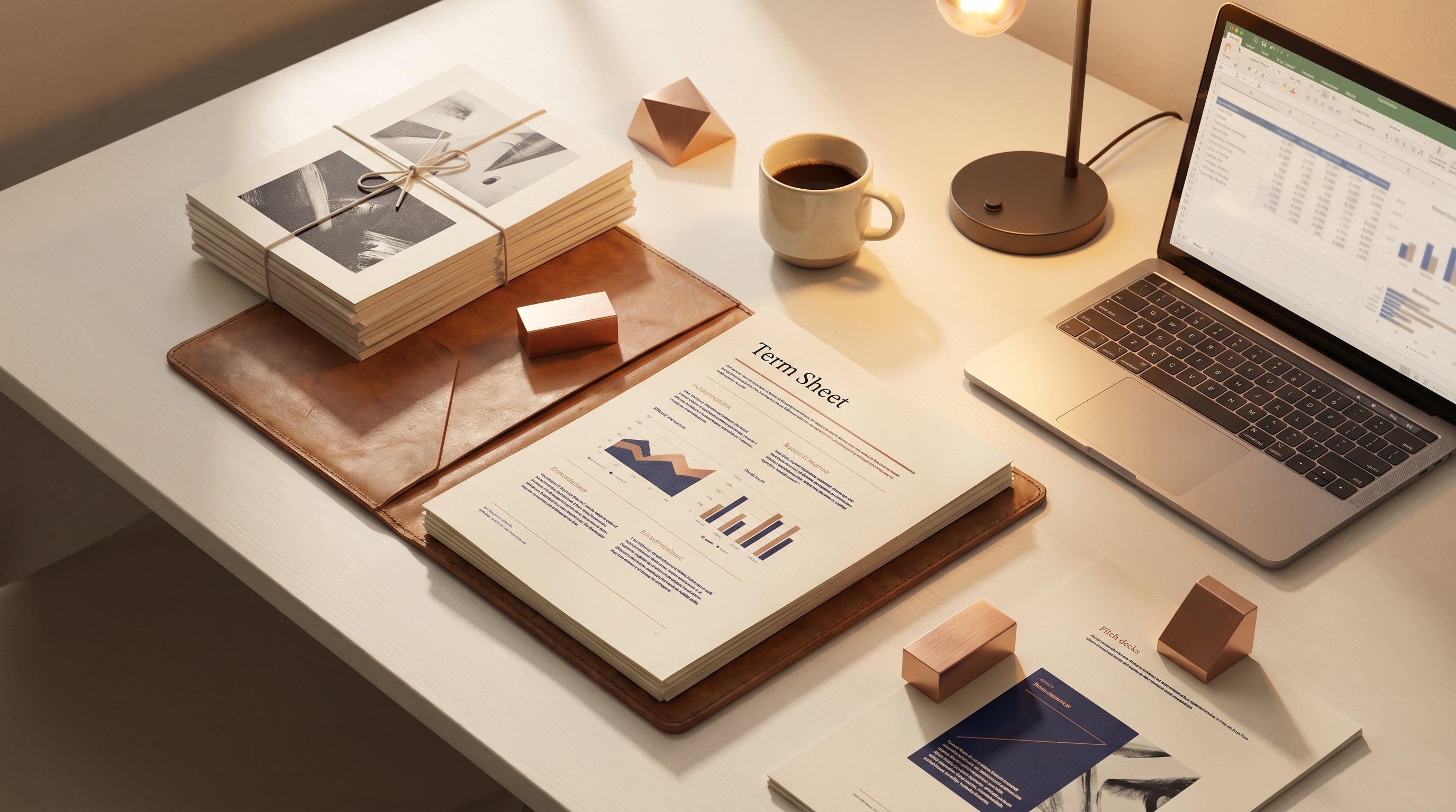Editorial flat-lay of a leather portfolio with a printed term sheet, a stack of pitch decks, and a laptop showing a faintly visible cap-table chart.